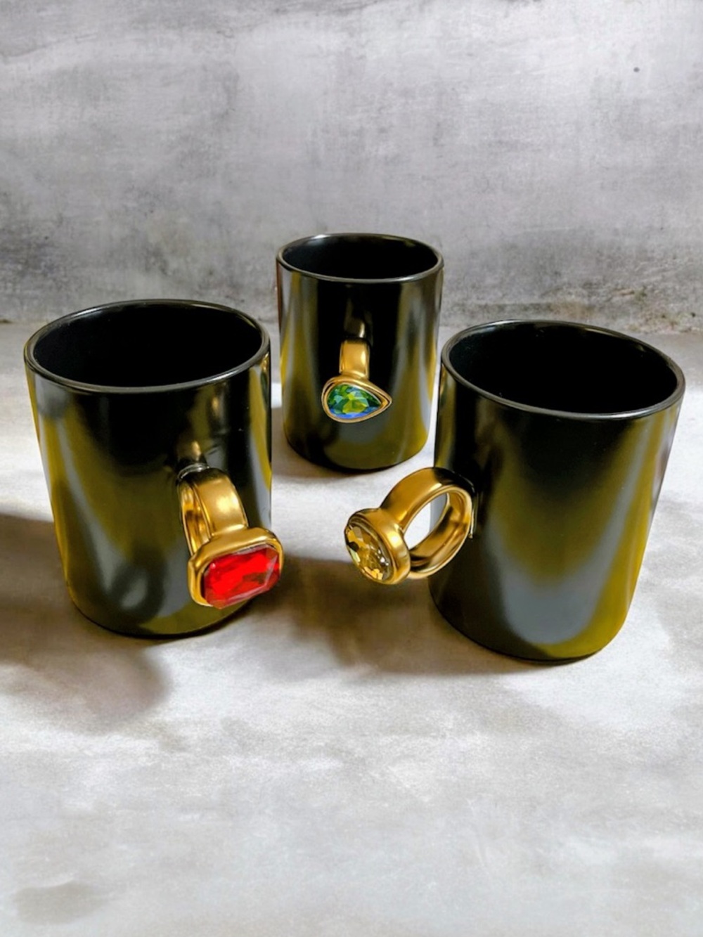 Lorna Maseko Black Ceramic Mug set with Gold-Tone Ring Handles and Gem Accents